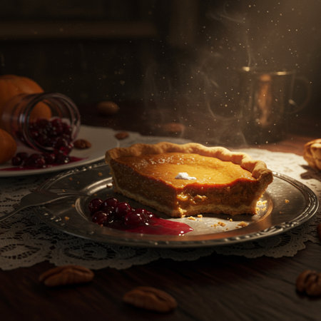 Piece of homemade pie with cranberries and pecans on a wooden backgroundの素材