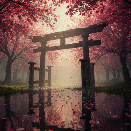 Mysterious Japanese gate with pink cherry blossoms in the backgroundの素材