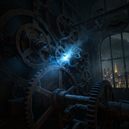 Gears and electric lightning in the night city. 3D renderingの素材