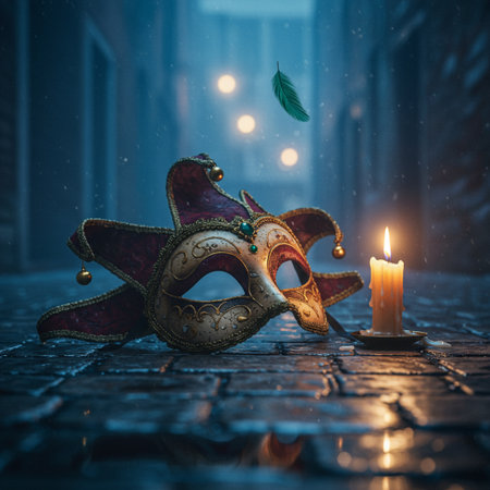 Traditional Venetian carnival mask with feathers and burning candle.の素材