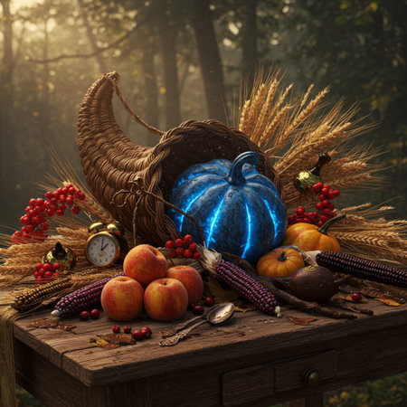 Pumpkin and apples on a wooden table in the autumn forestの素材