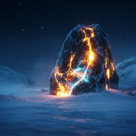 3d illustration of a stone in the snow with a lightning boltの素材