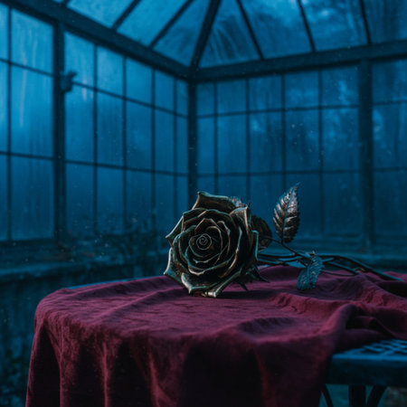 Still life of a rose on a table in an abandoned greenhouse.の素材