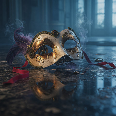 Photo of elegant and delicate Venetian mask over dark blue backgroundの素材