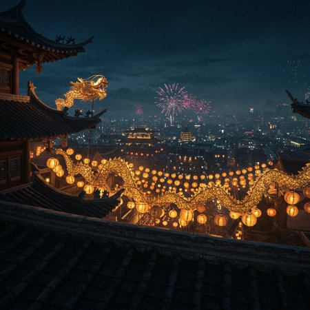 Night view of chinese temple with golden dragon and firework.の素材