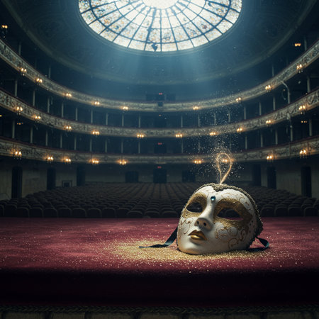 Conceptual image of theater with golden mask and lights on stageの素材