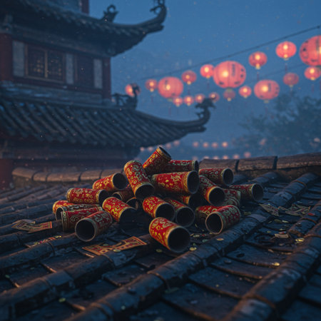 Lanterns on the roof of Chinese temple at night.の素材
