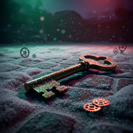 Vintage key on snow background. 3d illustration. Selective focus.の素材