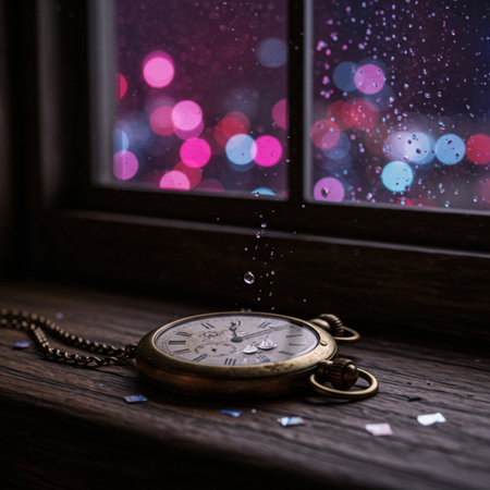 Vintage pocket watch on wooden windowsill with night bokeh backgroundの素材