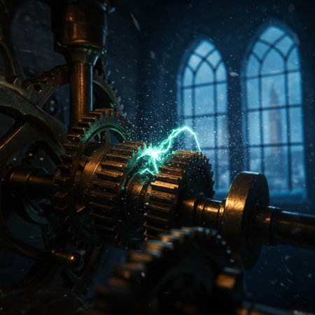 Gears and lightning in a dark room. 3D rendering.の素材