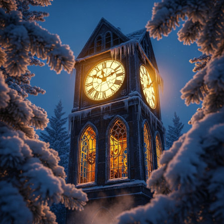 Christmas and New Year holidays background. Clock tower in winter forest.の素材