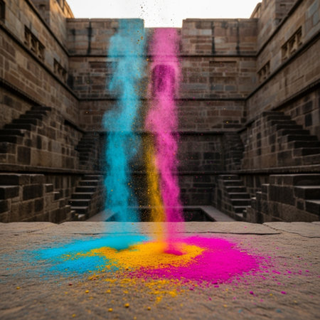 Colorful holi powder splashing over the ruins of Jain temple in Indiaの素材