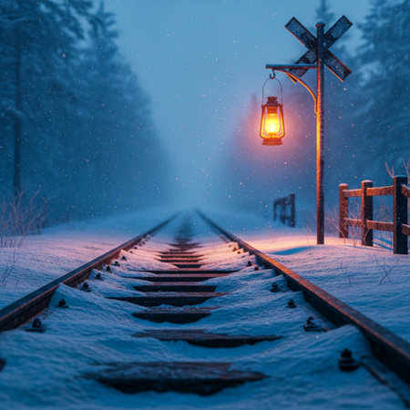 railway in winter forest at night with lantern and cross in snowfallの素材