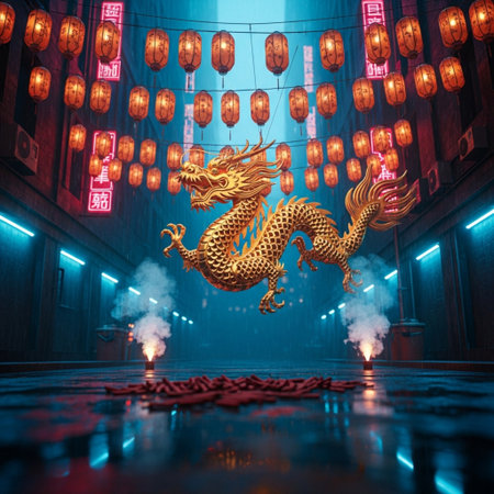 Golden dragon in chinese temple with red lanterns, 3D renderingの素材