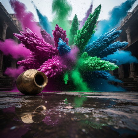 Colorful holi powder splashing out of a vase.の素材
