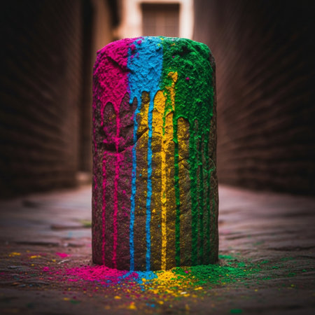 Colorful holi powder on a stone column in the street.の素材