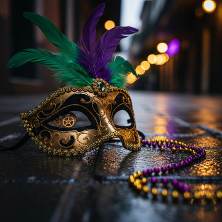 Carnival mask and beads on the street in Venice, Italyの素材