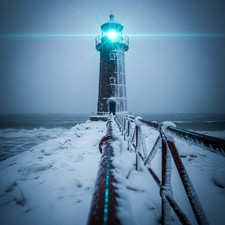 Lighthouse on a foggy winter day. Toned image.の素材