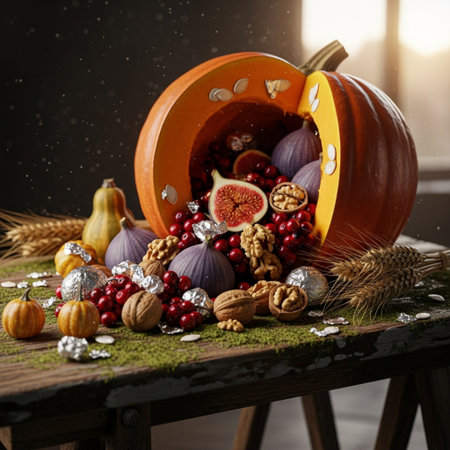 Autumn still life with pumpkins, berries, nuts and dried fruitsの素材