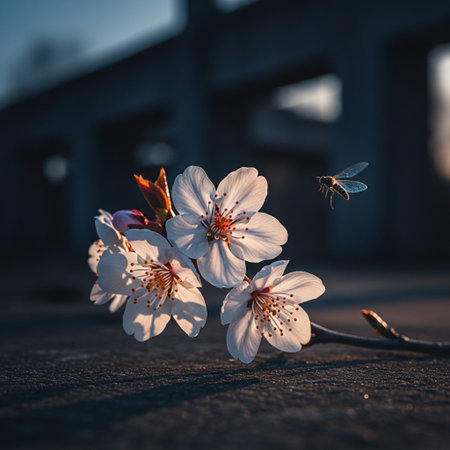 Cherry blossoms and dragonfly on the ground in the cityの素材