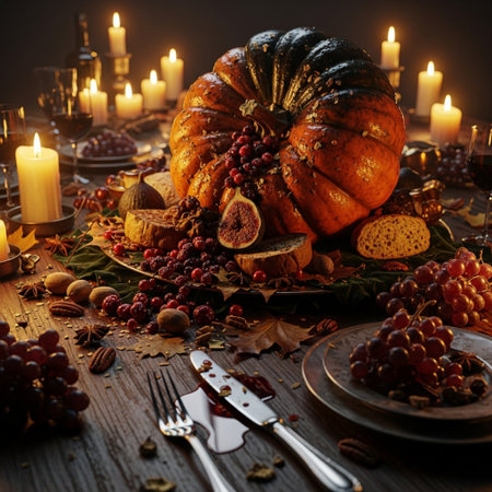 Autumn table setting with pumpkins, berries, nuts and candlesの素材