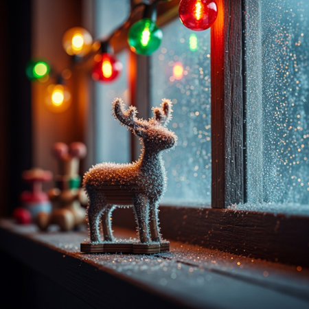 Christmas decoration with reindeer on window sill. Merry Christmas and Happy New Yearの素材