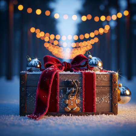 Wooden chest with Christmas decorations on snow and bokeh backgroundの素材