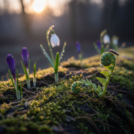 snowdrop flower in the forest at sunrise. first spring flowersの素材