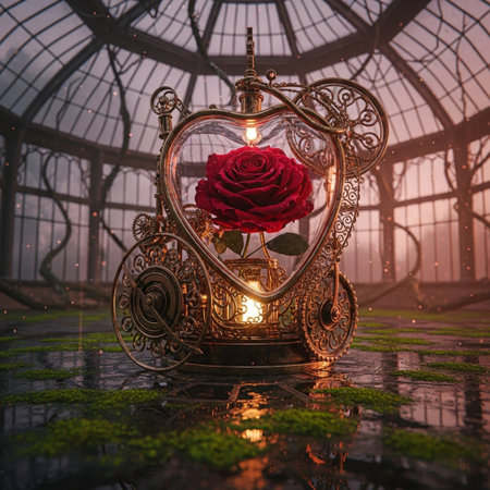 Beautiful red rose with a heart shaped lantern in a greenhouse.の素材