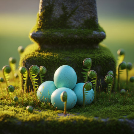 Easter eggs in a green moss and a stone on a blurred backgroundの素材
