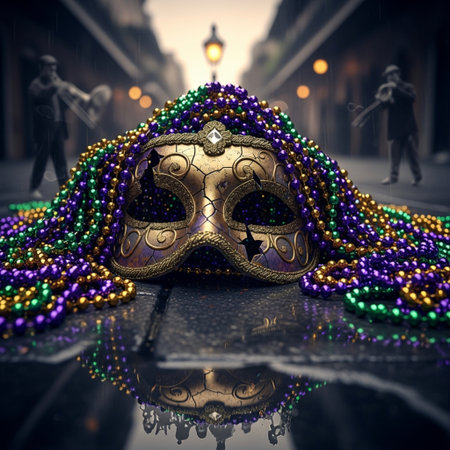 Mardi Gras mask with colorful beads on a dark background.の素材