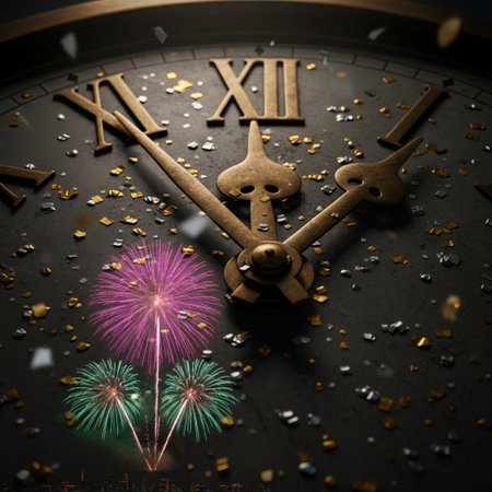 Clock face with fireworks and firecracker. New Year concept.の素材