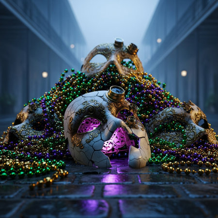Carnival mask and colorful beads on the street. 3d rendering.の素材