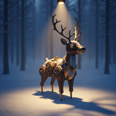 Wooden reindeer in the winter forest. 3d renderingの素材