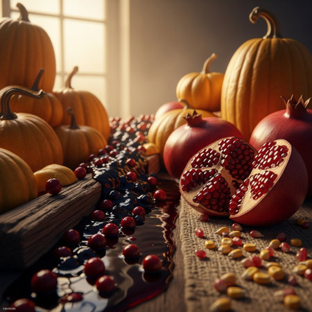 Halloween still life with pumpkins, corn and pomegranatesの素材