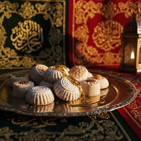 Ramadan Kareem greeting card. Traditional Arabian sweets on a silver plate.の素材