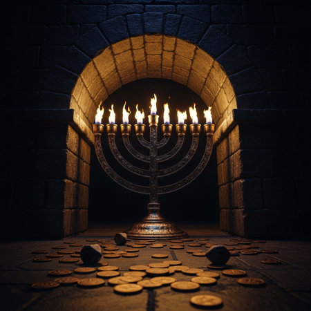 Jewish holiday Hanukkah with menorah and coins. 3D renderingの素材