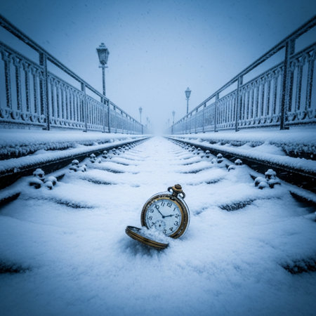 Abandoned pocket watch on railway tracks covered with snow and iceの素材