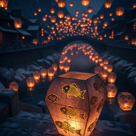 Chinese lanterns on the bridge at night in the city of Suzhou, China.の素材
