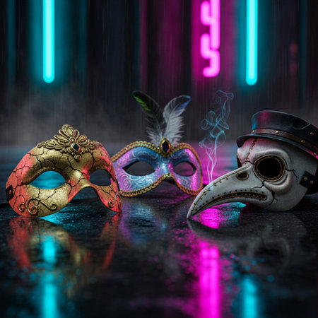 Carnival masks with feathers and smoke on dark background. Holiday concept.の素材