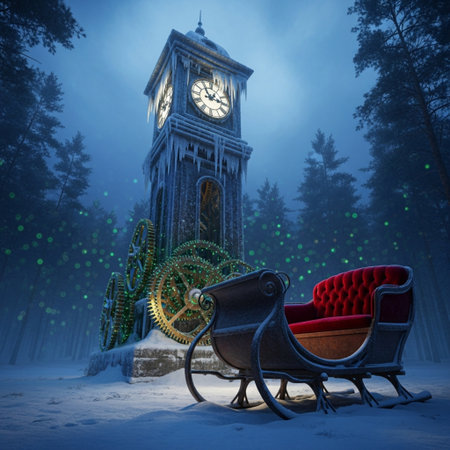 Fantasy winter landscape with clock tower and armchair. 3d renderingの素材