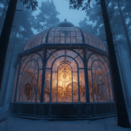 3D render of a greenhouse in a foggy forest illuminated by the sunの素材