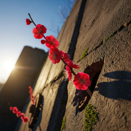 Hibiscus flower on the wall at sunset in spring.の素材