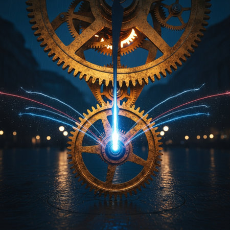 Conceptual image with cogwheels and lightning. Mixed mediaの素材