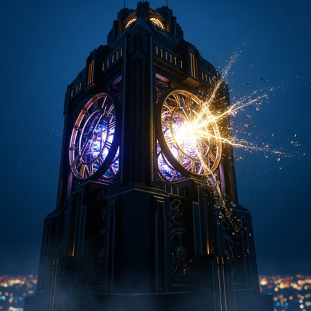 Clock tower in the city at night with sparks and lens flare.の素材