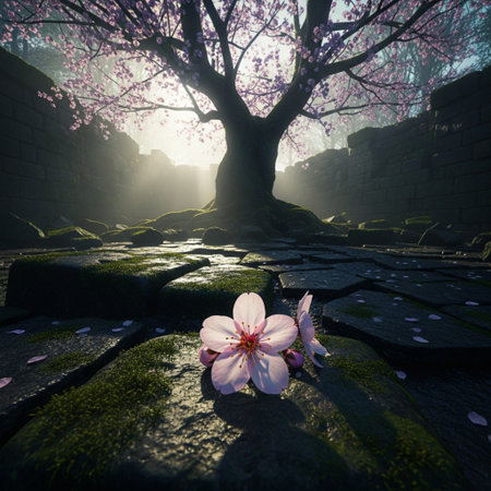 cherry blossom tree in the springtime with sun rays coming throughの素材