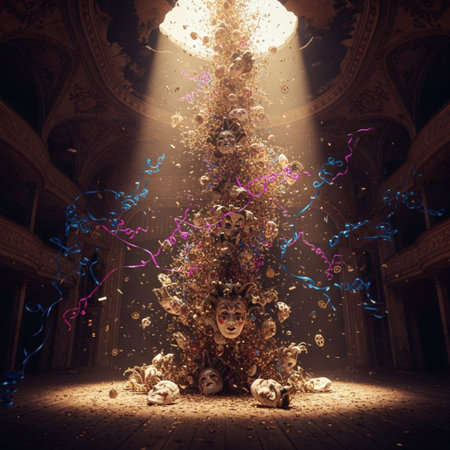 Carnival mask in a room full of lights. Mixed mediaの素材