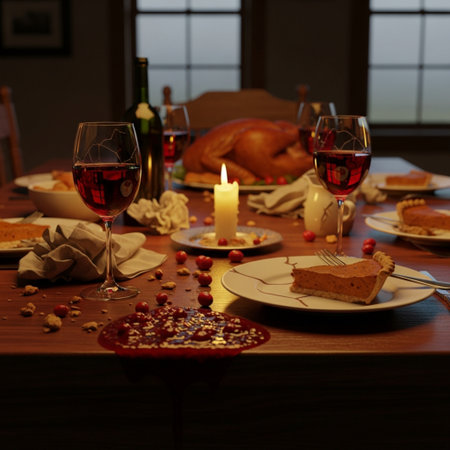 Festive table setting for Thanksgiving dinner with turkey, bread and wineの素材
