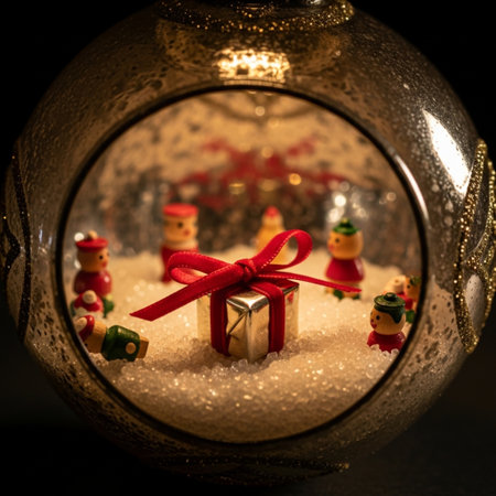 Christmas decoration in snow globe on dark background. Selective focus.の素材