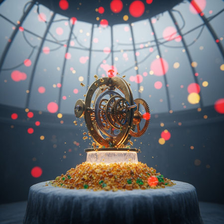 Cogwheels on the top of a cake in the shape of a clockの素材